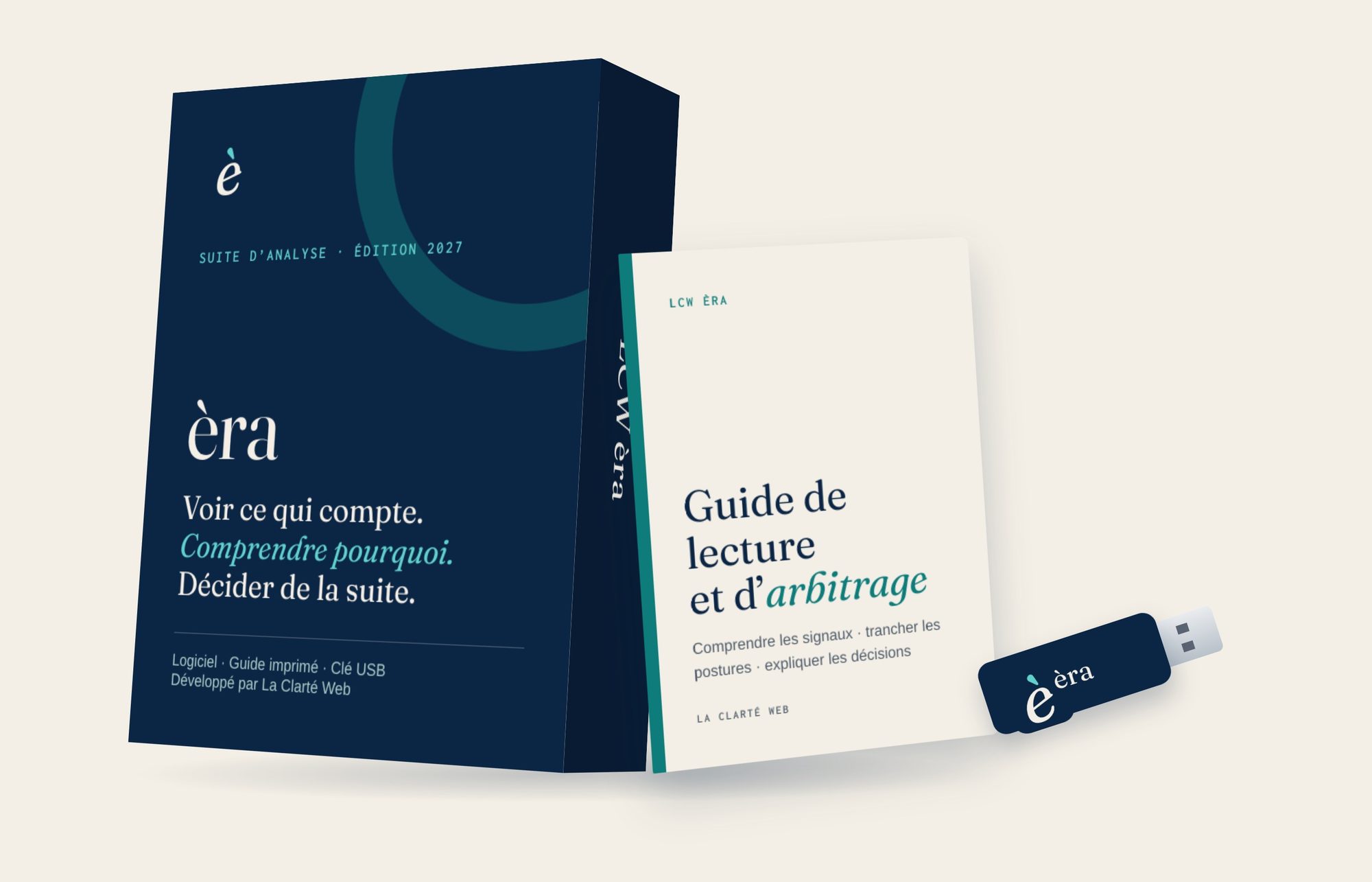Le coffret LCW èra, édition 2027 : la boîte, le guide de lecture et d’arbitrage imprimé et la clé USB